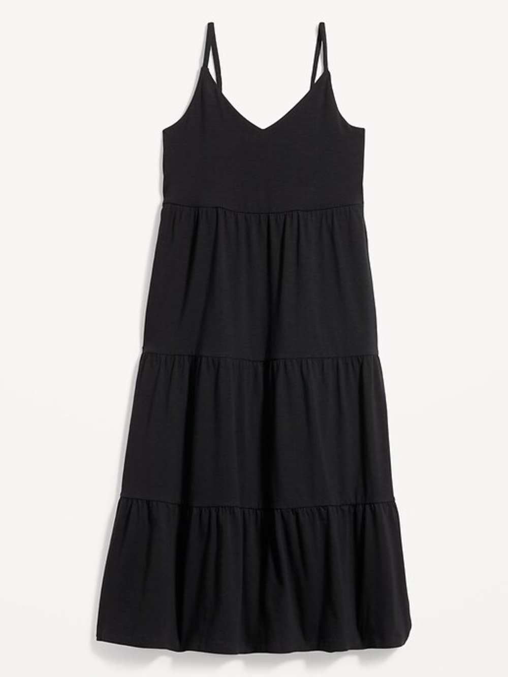 Black Tiered Cotton Stretch Midi Dress with Spaghetti Straps